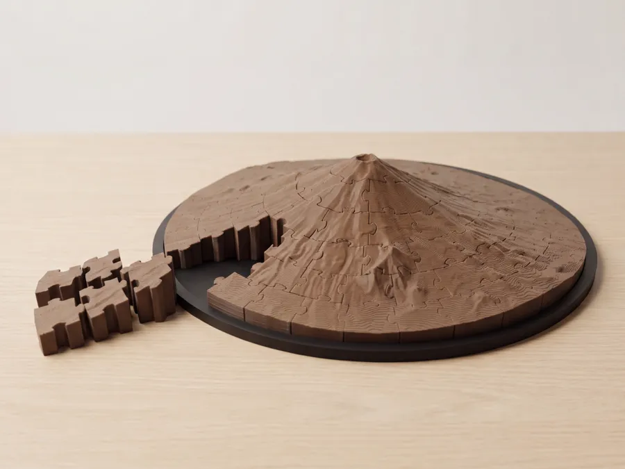 A printed Mount Fuji jigsaw puzzle with pieces set aside.