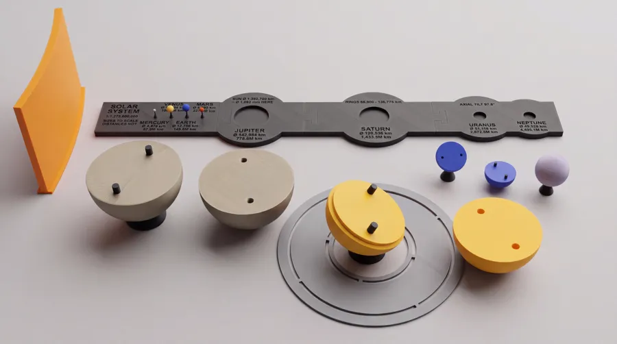 Every printed part of the solar system model laid out on a light table.